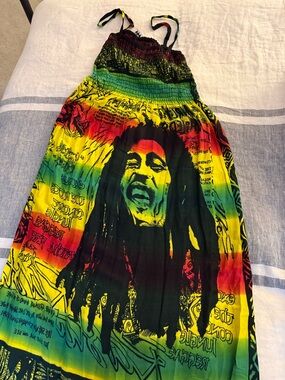 Rasta Print Maxi Skirt with Bob Marley Motif - Yellow Green Red